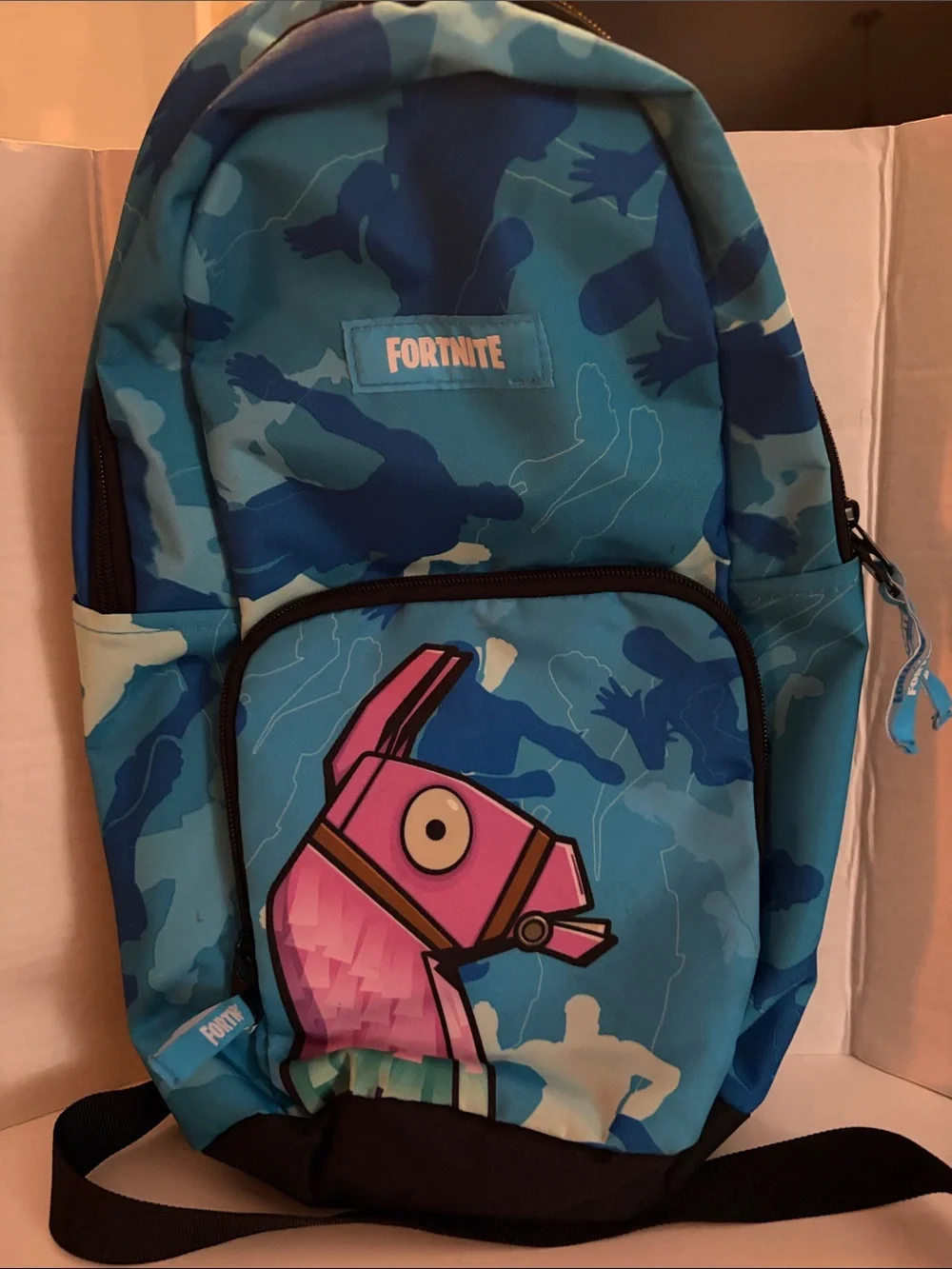 Fortnite Blue Camo Backpack with Pink horse Graphic
